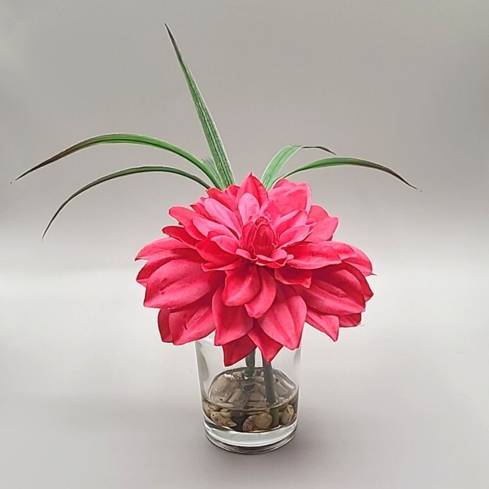 Clear Flower Vase with Large Pink Flower & Greenery in Rocks